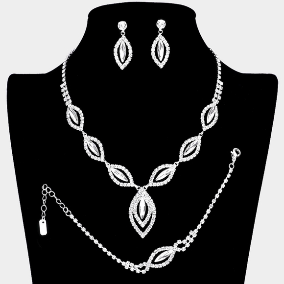 Silver Clear 3 Piece Marquise Crystal Necklace Jewelry Set Prom Formal Fashion - Picture 1 of 4